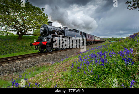 Bury, Lancashire, UK. 6. Mai, 2019. Bedeckt und kaltem Wetter auf dieser Bank Holiday Montag für die Besucher der East Lancashire Eisenbahn in Bury, Lancashire. Die freiwillige Lauf bahn lief ein Full Service von Dampf und Diesel Züge vorbei an einem Teppich der Bluebells auf Grate Country Park, begraben. Bild von der Credit: Paul Heyes/Alamy leben Nachrichten Stockfoto