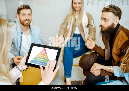 Menschen mit digitalen Tablet mit psychischen Pyramide sheme während der psychologischen Therapie, close-up Stockfoto