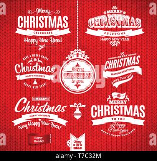 Weihnachten und ein glückliches neues Jahr Schriftzug. Typ Komposition. Nahtlose Strickmuster. Stock Vektor