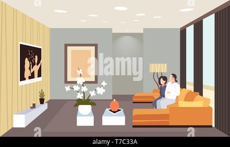 Paar sitzt auf der Couch vor dem Fernseher Mann Frau Spaß moderne Wohnzimmer Innenraum home modernes Apartment design Waagrechten Stock Vektor