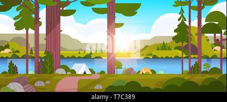 Zelte Campingplatz im Wald Sommer Camp Konzept sonnigen Tag Sonnenaufgang Landschaft Natur Hintergrund mit Wasser Berge und Hügel, ebenen und horizontalen Stock Vektor