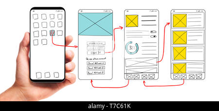 UI-Entwicklung. Männliche hand Smartphone mit wireframed Benutzeroberfläche Bildschirm Prototypen einer mobilen Anwendung auf weißem Hintergrund. Stockfoto