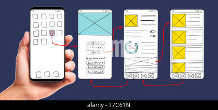 UI-Entwicklung. Männliche hand Smartphone mit wireframed Benutzeroberfläche Bildschirm Prototypen einer mobilen Anwendung auf weißem Hintergrund. Stockfoto