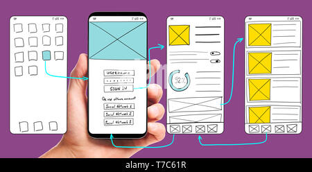 UI-Entwicklung. Männliche hand Smartphone mit wireframed Benutzeroberfläche Bildschirm Prototypen einer mobilen Anwendung auf weißem Hintergrund. Stockfoto