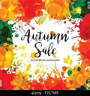 Kalligrafische Text Verkauf auf multicolor blots Hintergrund. Hand grunge blots Elemente dargestellt. Fallen Stil für den Herbst Feier. Herbste Banner gesetzt. Stock Vektor
