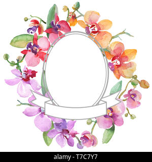 Orchid Blumensträuße Blumen botanischen Blumen. Aquarell Hintergrund Abbildung. Rahmenlinie ornament Quadrat. Stockfoto