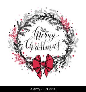 Hand gezeichnet neue Jahre Kranz mit roter Schleife und kalligrafischen text Frohe Weihnachten. Stock Vektor