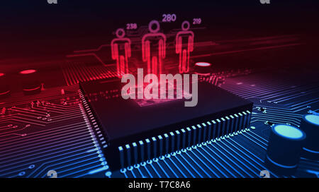 Social scoring Konzept mit Leuten die Symbole Hologramm über cpu im Hintergrund. Platine 3d-Abbildung. Futuristisches Konzept der Bürgerinnen und Bürger analysieren einer Stockfoto