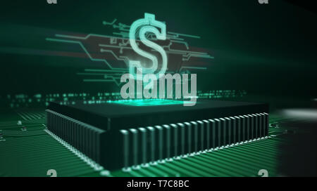 Business und Marketing Konzept mit Dollarzeichen Hologramm über funktionierende cpu im Hintergrund. Platine 3d-Abbildung. Futuristisches Konzept für Wirtschaft, Stockfoto