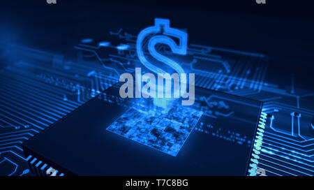 Business und Marketing Konzept mit Dollarzeichen Hologramm über funktionierende cpu im Hintergrund. Platine 3d-Abbildung. Futuristisches Konzept für Wirtschaft, Stockfoto
