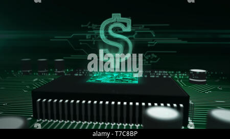 Business und Marketing Konzept mit Dollarzeichen Hologramm über funktionierende cpu im Hintergrund. Platine 3d-Abbildung. Futuristisches Konzept für Wirtschaft, Stockfoto