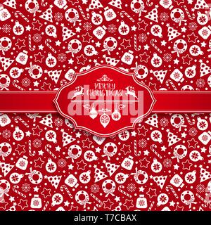 Nahtlose Muster von Weihnachten Textur Symbole auf roten Hintergrund. Stock Vektor