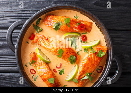 Thai würziger Kokosnuss curry mit Lachs close-up in einer Pfanne auf dem Tisch. Horizontal oben Ansicht von oben Stockfoto