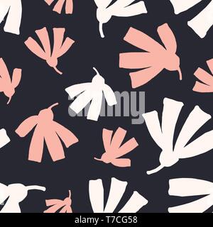 Nahtlose, sich wiederholendes Muster mit abstrakten floralen Formen in Pastell rosa und weiß auf schwarzem Hintergrund. Die modernen und stilvollen Textil, Geschenkpapier, Wand, Stock Vektor