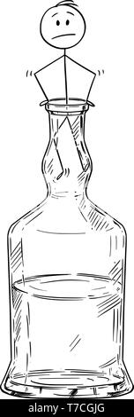 Vektor cartoon Strichmännchen Zeichnen konzeptionelle Darstellung des Menschen klettern aus der Schnaps oder Branntwein Flaschenhals. Metapher des Alkoholismus. Stock Vektor