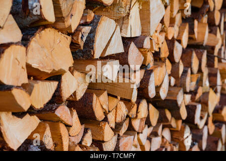 Brennholz Holz- Protokolle gehackt Trunks gestapelt Stapel trocken für den Winter Stockfoto