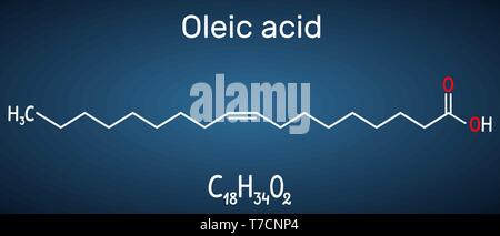 Ölsäure (cis, Omega-9) Molekül. Strukturelle chemische Formel und Molekül Modell auf dem dunkelblauen Hintergrund. Vector Illustration Stock Vektor