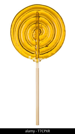Big Yellow lollipop transparente Candy auf weißem Hintergrund Stockfoto