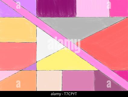 Schöne hand abstrakte Farbe gezeichnet. Bunte Geometrische Malerei mit Rosa, Gelb und Rot. Stark umrandete Malerei. Stockfoto