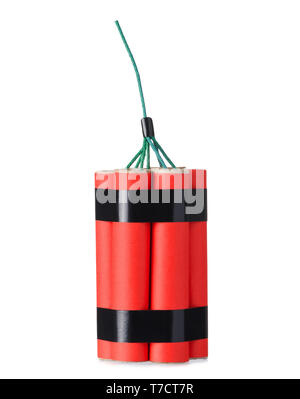 Red dynamite Feuerwerkskörper mit Sicherung auf weißem Hintergrund Stockfoto