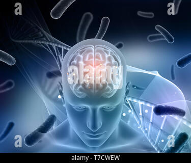 3D-Render von einem medizinischen Hintergrund mit männliche Figur mit Gehirn hervorgehoben Stockfoto