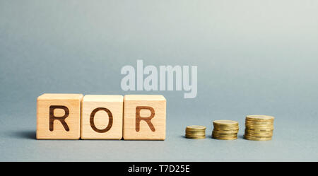 Holzblöcke mit dem Wort ROR. Rendite. Die Höhe der Rentabilität oder der Verlust des Geschäfts. Der Finanzkennzahlen. Return on Investment/Kapital. Repo Stockfoto