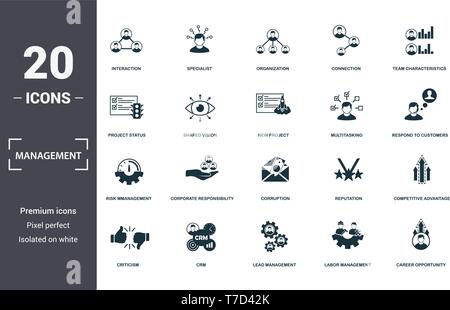 Management Icons Set Sammlung. Enthält einfache Elemente wie Interaktion, Spezialist, Organisation, Verbindung, Team Merkmale, Corporate R Stock Vektor