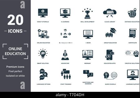 Online Bildung Icons Set Sammlung. Enthält einfache Elemente wie Video Tutorials, E-Learning, Kompetenzentwicklung, Cloud Bibliothek, Abstand Educat Stock Vektor