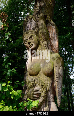 Holzfigur, Galindia, See Beldany, Iznota, Ruciane-Nida, Ermland Masuren, Polen Stockfoto
