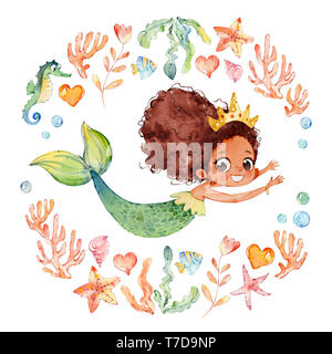 African American Baby Aquarell Meerjungfrau durch Rahmen von Meer Elemente, Seepferdchen, Korallen, Blasen, seashells umgeben, Anker, Algen. Ozean Kit. Youn Stockfoto