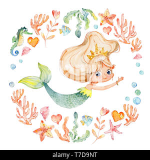 Mermaid Aquarell von Frame von Meer Elemente, Seepferdchen, Korallen, Blasen, seashells umgeben, Anker, Algen. Ozean Kit. Junge Unterwasser Frau Nym Stockfoto