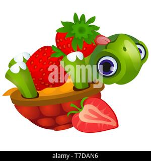 Lustige Schildkröte licks reife Erdbeeren auf weißem Hintergrund. Vektor cartoon Close-up Abbildung. Stock Vektor