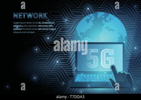 5G-Technologie global Erde und Laptop Geometrie cross Frame line Vektor futuristische Abbildung Vorlage Hintergrund mit leuchtenden Punkt. Konzept der wirele Stock Vektor