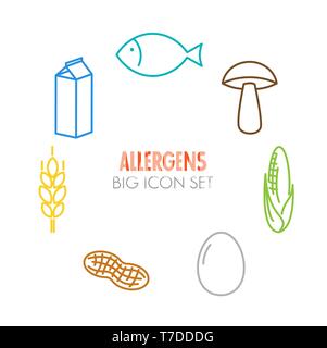 Vector Icons für Allergene (Milch, Fisch, Ei, Gluten, Weizen, Mutter, Laktose, Mais, Pilze)-Version eingestellt Stock Vektor