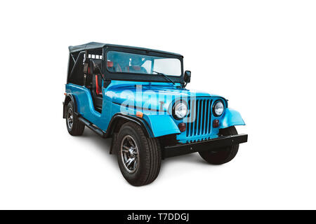 Alten retro 4x4 suv Auto blaue Farbe auf weißem Hintergrund Stockfoto
