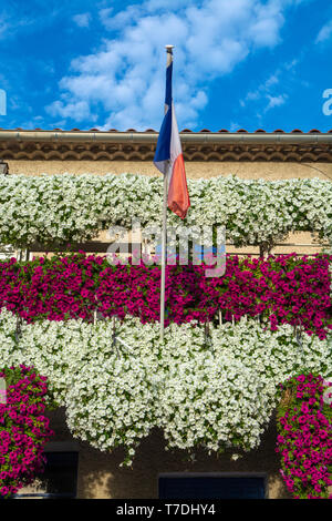 Französische Nationalflagge auf alten Gebäude mit vielen hängenden bunten petunia Blumen im sonnigen Sommertag eingerichtet Stockfoto