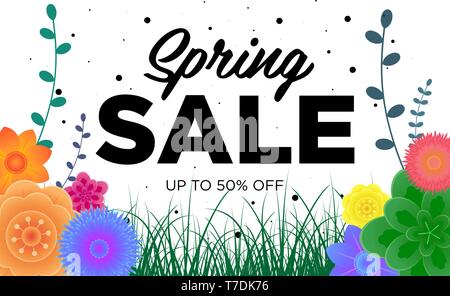 Frühling Verkauf Angebote promotion Banner mit schönen bunten Blume. Spezielle Rabatte mockup. Plakat für Promotions, Zeitschriften, Werbung, Websites. Stock Vektor