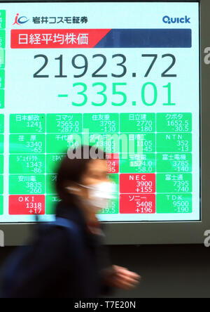 Tokio, Japan. 7. Mai, 2019. Ein Fußgänger, der vergehen muss, bevor die Aktienkurse in Tokio am Dienstag, 7. Mai 2019. Japans Anteil sank auf 21,923.72 335.01 Yen Yen an der Börse in Tokio schließen nach 10-tägigen Goldene Woche Urlaub. Credit: Yoshio Tsunoda/LBA/Alamy leben Nachrichten Stockfoto