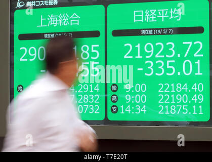 Tokio, Japan. 7. Mai, 2019. Ein Fußgänger, der vergehen muss, bevor die Aktienkurse in Tokio am Dienstag, 7. Mai 2019. Japans Anteil sank auf 21,923.72 335.01 Yen Yen an der Börse in Tokio schließen nach 10-tägigen Goldene Woche Urlaub. Credit: Yoshio Tsunoda/LBA/Alamy leben Nachrichten Stockfoto