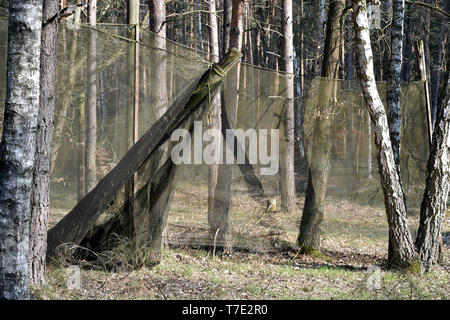 Protzel Ot Harnekop, Deutschland. 06 Apr, 2019. 06.04.2019, Brandenburg, Prototyp Ot Harnekop: Der Mieter des Geländes oberhalb der Atombunker Harnekop, hat ein Teil des Geländes mit Netzen für Paintball Spieler abgegrenzt. Auf drei Etagen 30 Meter unter der Erde, der DDR-Verteidigungsminister wollte sich mit seinem Obersten Befehlshaber im Falle eines Krieges zu verankern. Der derzeitige Eigentümer hat die Website und die Bunker zu verschiedenen Mietern, die im Streit um die Nutzungsrechte vergeben. Foto: Bernd Settnik/dpa-Zentralbild/ZB | Verwendung weltweit/dpa/Alamy leben Nachrichten Stockfoto