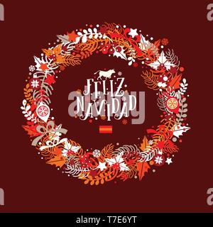 Weihnachten Kranz in den Farben der Flagge Spaniens mit einer Inschrift in spanischer Sprache, die in der Übersetzung bedeutet, frohe Weihnachten! Stock Vektor