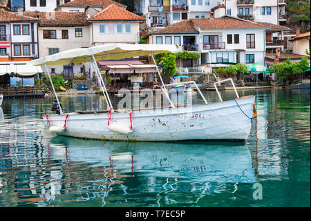 Kleines Boot, Marina von Ohrid, Ohrid, Mazedonien Stockfoto