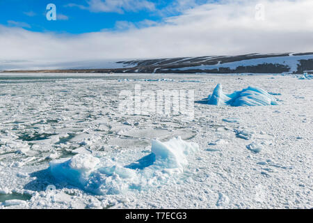 Palanderbukta, Eiskappe und Packeis, Gustav Adolf Land, Nordaustlandet, Svalbard, Norwegen Stockfoto