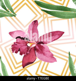 Marsala orchid botanischen Blumen. Wild Federblatt wildflower isoliert. Aquarell Abbildung. Aquarell Zeichnung mode Aquarelle. Nahtlose b Stockfoto