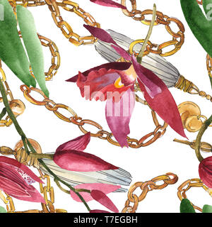 Marsala orchid botanischen Blumen. Wild Federblatt wildflower isoliert. Aquarell Abbildung. Aquarell Zeichnung mode Aquarelle. Nahtlose b Stockfoto