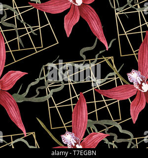 Marsala orchid botanischen Blumen. Wild Federblatt wildflower isoliert. Aquarell Abbildung. Aquarell Zeichnung mode Aquarelle. Nahtlose b Stockfoto