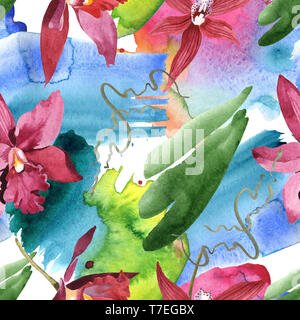 Marsala orchid botanischen Blumen. Wild Federblatt wildflower isoliert. Aquarell Abbildung. Aquarell Zeichnung mode Aquarelle. Nahtlose b Stockfoto