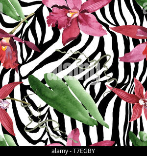 Marsala orchid botanischen Blumen. Wild Federblatt wildflower isoliert. Aquarell Abbildung. Aquarell Zeichnung mode Aquarelle. Nahtlose b Stockfoto