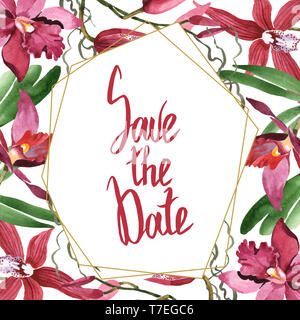 Marsala Orchidee Blumen botanischen Blumen. Wild Federblatt wildflower isoliert. Aquarell Hintergrund Abbildung. Aquarell Zeichnung Mode aqu Stockfoto