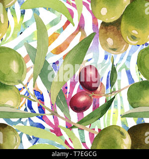Frischen Oliven und gesundes Essen. Aquarell Hintergrund Abbildung. Aquarell Zeichnung mode Aquarelle isoliert. Nahtlose Muster. Gewebe Stockfoto
